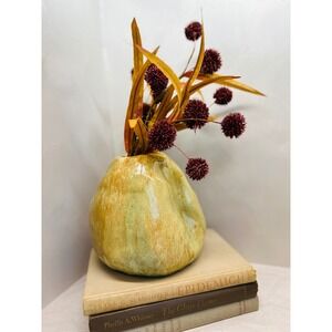 Vintage Signed Studio Pottery Organic Pinched Vase Yellow Green Glaze 7in